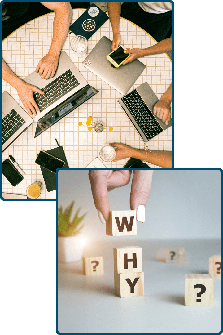 Wooden blocks with question marks and the words “WHY CHOOSE US” spelled out, symbolizing decision-making.
